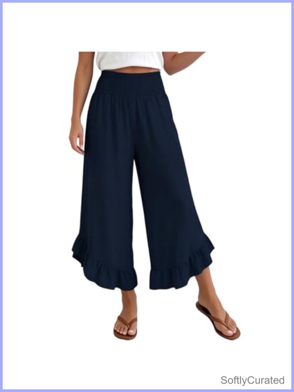 Womens Wide Leg Cropped Pants High Waisted Ruffle Hem Trousers